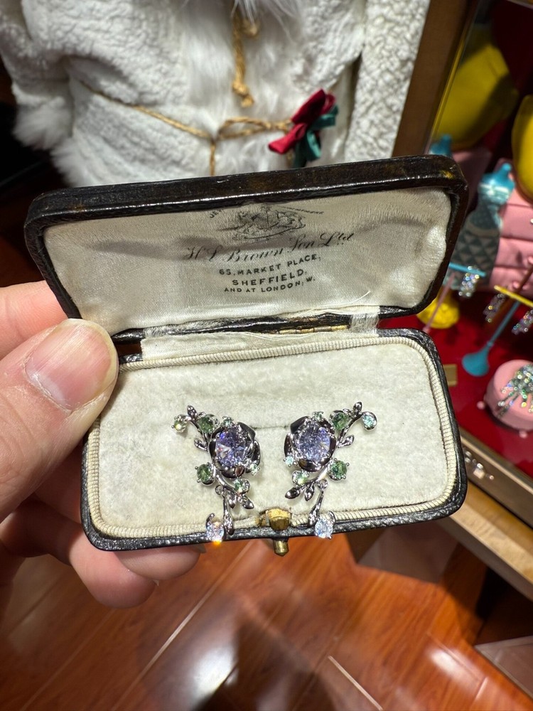 French Vintage Purple Rose Earrings Rhinestone Antique Unique One Pair Only