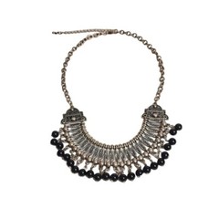 VINTAGE Women’s Silver Tone Black Acrylic Beads Necklace 8.5 in + 3.5 in