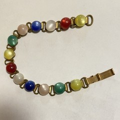Vtg Multicolor Glass Cabochon Brass Bracelet Fold over Clasp 7.25”