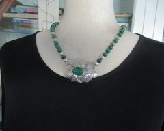 CAROL FELLEY VINTAGE STERLING NECKLACE w MALACHITE, 2 1/4″ PENDANT, 74 GRAMS