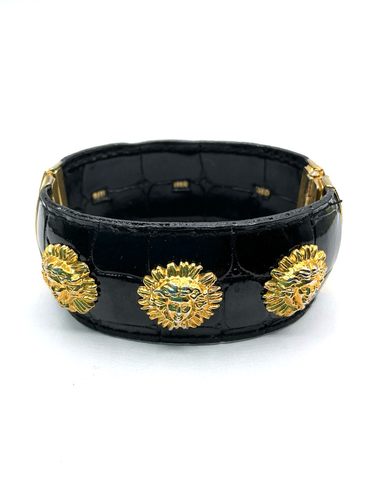 Vintage Black Patent Leather Gold Tone Medusa Accents Hinged Clamper Bracelet
