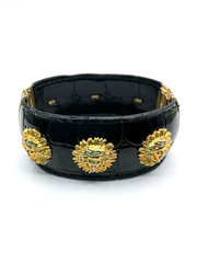 Vintage Black Patent Leather Gold Tone Medusa Accents Hinged Clamper Bracelet
