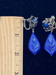 Vintage Miriam Haskell Faux Lapis Blue Silver Tone Drop Clip-On Earrings Signed