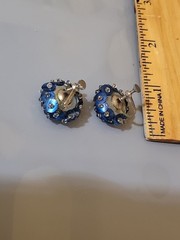 Vintage Handmade Studded Beads Blue Sequins Ornate Clip-On Screw Earrings K50