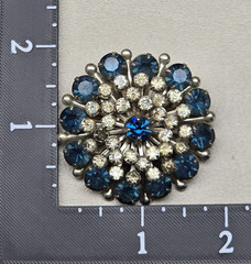 Vintage Blue Rhinestone Brooch Silver Tone Round Starburst Pin 1.5in