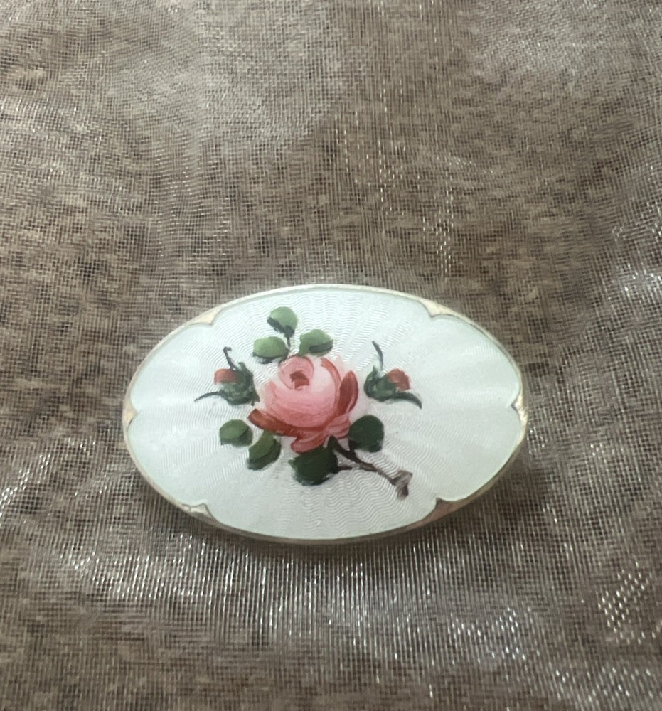 Norway 925 Sterling Enamel Rose Brooch Vintage Floral Pin