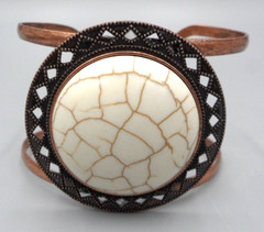 Wide Copper Cuff Bracelet Howlite Gemstone Medallion Shield Rhombus Cutwork