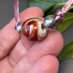 Vintage Necklace Murano Art Glass 24K Gold Fleck Red Pendant Pink Silk Necklace