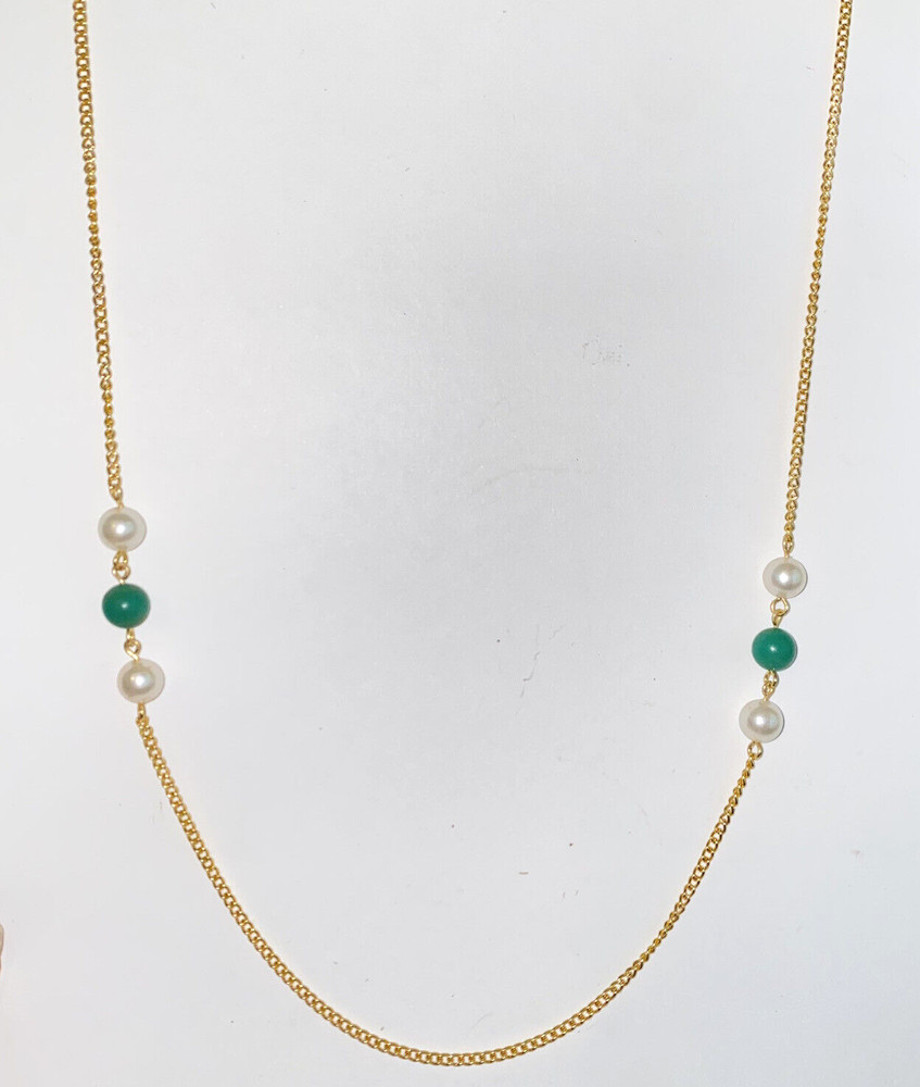 Vintage Faux White Pearl & Faux Green Jade Beads on Gold Tone Chain Necklace