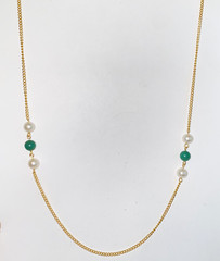Vintage Faux White Pearl & Faux Green Jade Beads on Gold Tone Chain Necklace