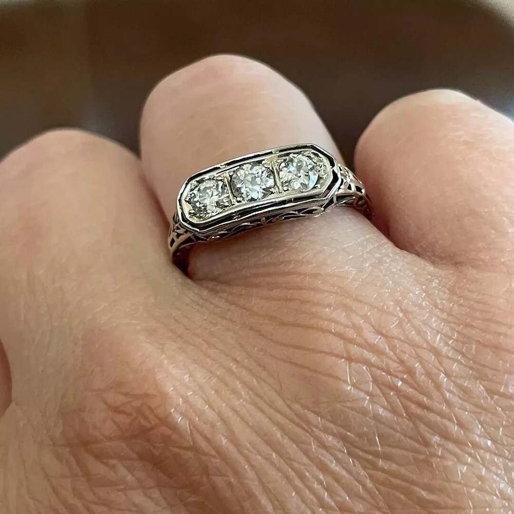 Art Deco Style Lab Created Diamond Three-Stone Engagement Ring 14k White Gold FN