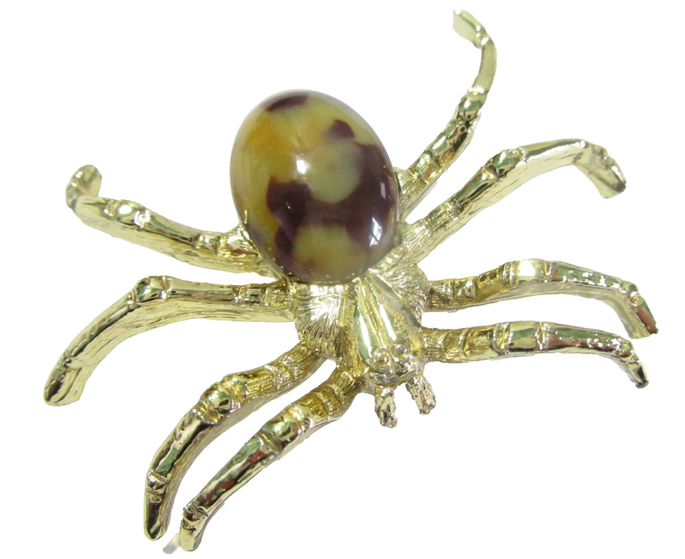 INSECT SPIDER LARGE PIN WITH MARBLED BROWN YELLOW FAUX GEMSTONE FIGURAL