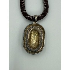 Vintage Mesh Chain Necklace Brown Cord Large Pendant Silver Tone Statement