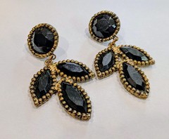 Jet Black Marquise Leaf Drop Earrings, Vintage, Antique Gold Tone, Byzantine