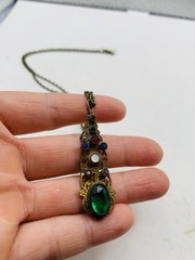 Vintage Gothic Green Colorful Rhinestone Filigree Cutout Bronze Tone Necklace