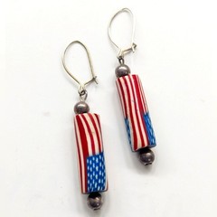 Vintage Artisan Made Handcrafted Polymer Clay American Flag Leverback Earrings