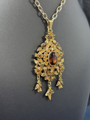 Vintage 60s Hollycraft Ornate Rhinestone Necklace Pendant Yellow Brown Gold Tone