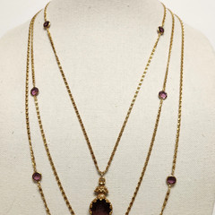 Vintage Goldette NY Purple Intaglio Bezel Set Crystal Gold Tone 3 Tier Necklace