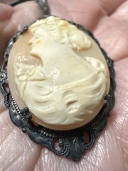 Vintage Victorian Revival Sterling Silver Carved Shell Cameo Pendant Necklace