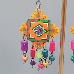 Vintage Multicolor Statement Pierced Earrings Wood Bead Hand Painted 2.5 in