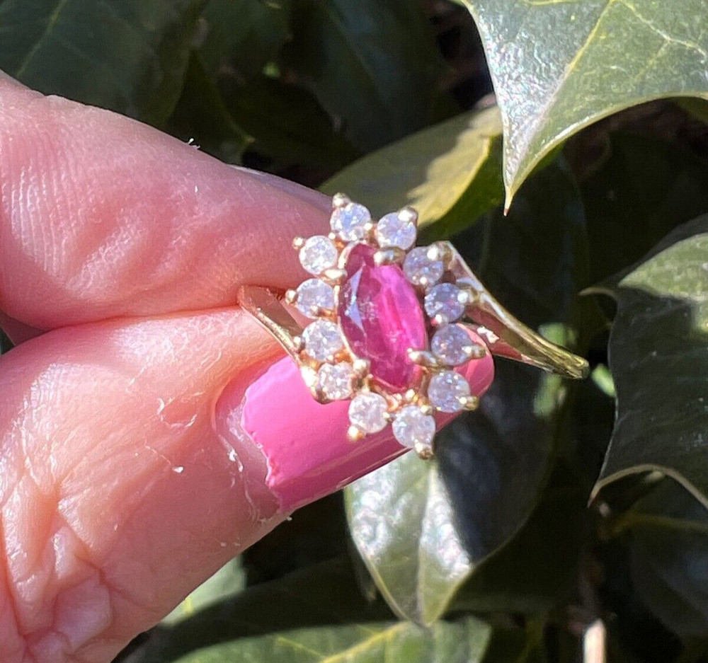 VINTAGE 14K YELLOW GOLD RED NAVETTE MARQUISE CUT GENUINE RUBY AND DIAMONDS RING