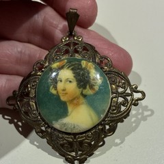 Vintage Brass Filigree Oval Portrait Pendant Gold Tone Art Beauty