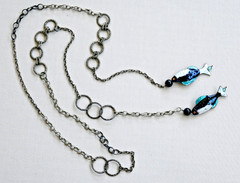 Vintage Enamel Fish Pendant Silver Tone Glass Beaded Necklace