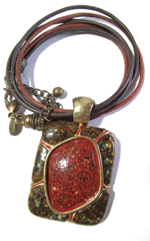 Chico’s Signed Vintage Pendant Necklace Red Enamel W Faux Gemstone Chips