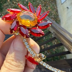 BOOK PIECE ‘Juliana’ D&E Red Orange Flower Brooch w/ Stem #3844 HTF Design