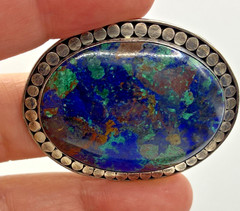 Vintage Brooch Sterling Silver Azurite Malachite Oval Blue Green Gemstone