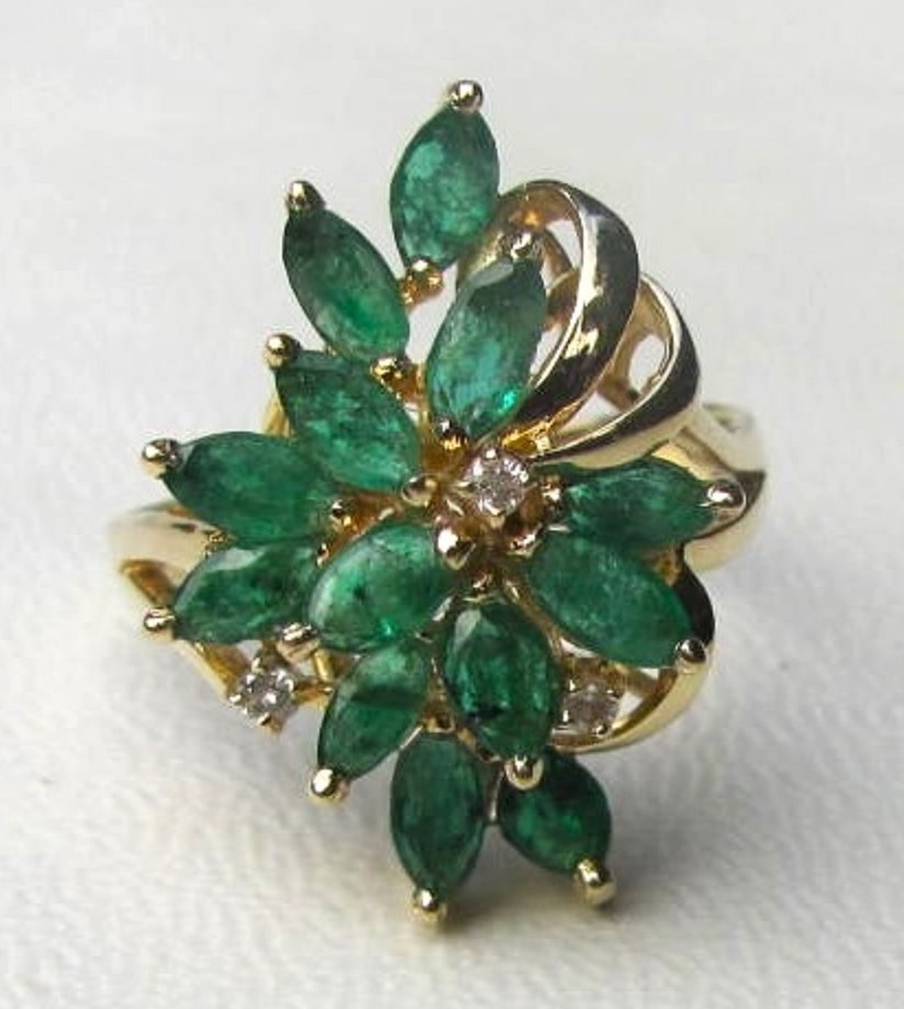Vintage 14K Gold Emerald and Diamond Spray Ring Circa 1970