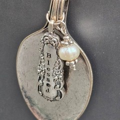 Vintage Blessed Spoon Pendant Necklace Silver Pearl Long Boho Statement Piece