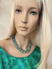 Vintage 3 Strand Peacock Green/Blue Aurora Borealis Crystal Necklace Not Signed