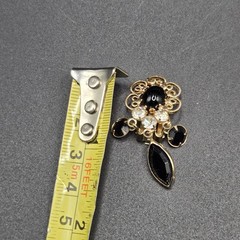Gold Tone Black Oval Glass Brooch Pin & Matching Clip-On Earrings Jewelry Set