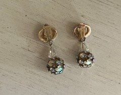 Vintage Aurora Borealis Crown Cage Ball Drop Gold Chandelier Clip On Earrings