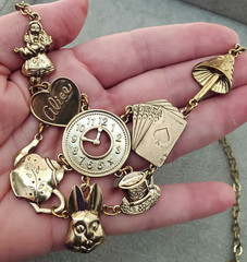 Vintage Alice In Wonderland Gold Tone Bib Necklace T Cup T Pot Rabbit Mushroom