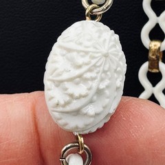 Vintage White Milk Glass & Acrylic Charm Necklace 30″ Drop Mid-Century Statement