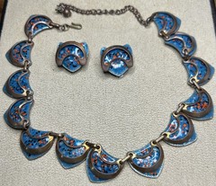 Vintage Renoir Matisse Copper Enamel Necklace And Earring Set Blue Speckled