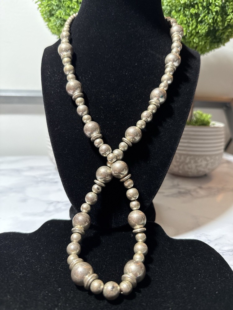 Vintage Silver Tone Alternating Bead Necklace 26” Spring Ring Lot# 1407