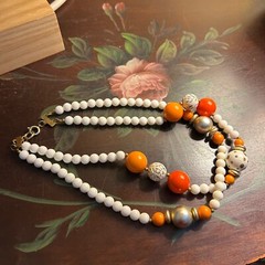 Vintage Double Strand Orange, White & Gold Beaded Necklace 17.5” Long