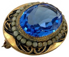 Vintage Glass Art Nouveau Brooch Goldtone Blue Sapphire Color Oval Pin Small