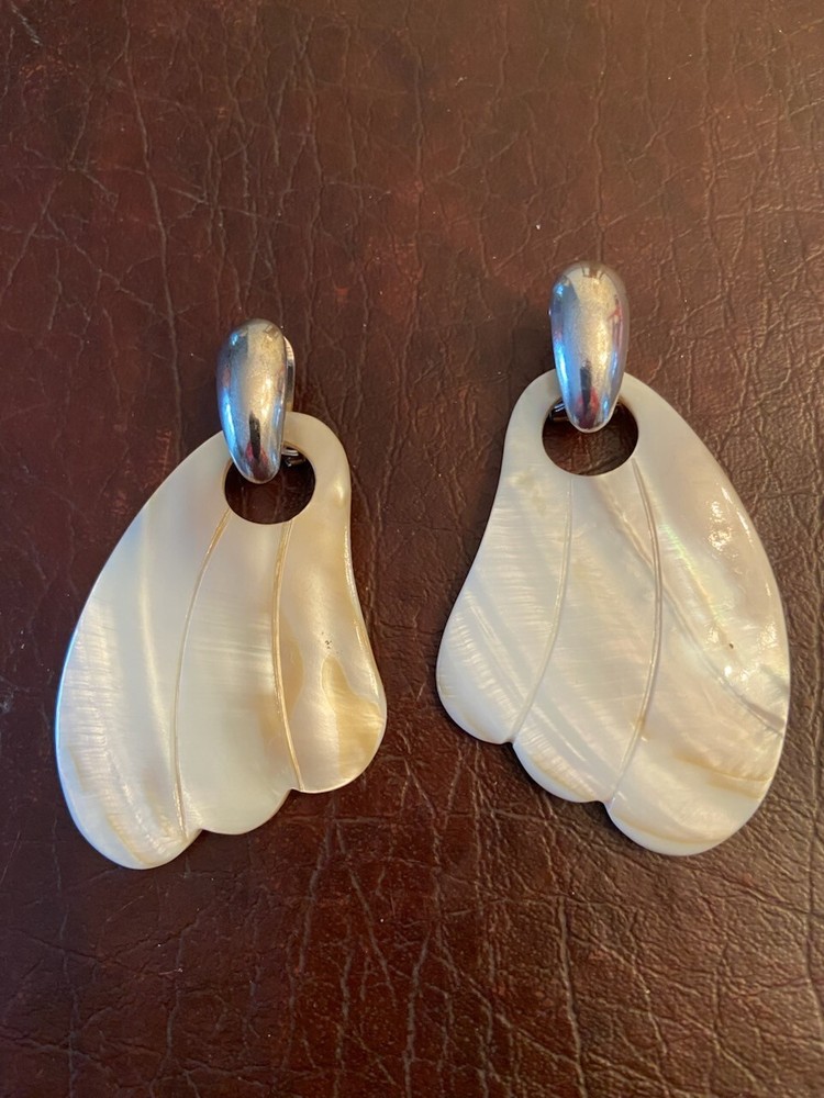 VTG MOTHER OF PEARL Dangle EARRINGS Silver Clips for Pierced Ears