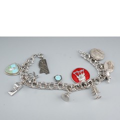 1974 Sterling Silver Double Link Chain W/ 11 Charms Bracelet 7.25” VTG 37.7g