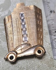 Art Deco Vintage M. Jent Signed Gold Tone And Rhinestone Skyscraper & Car Broach