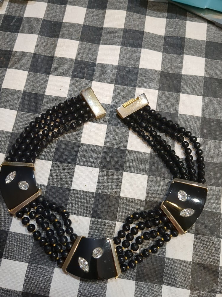 Les Bernard Statement Choker Black Beads Gold Accents With Rhinestone