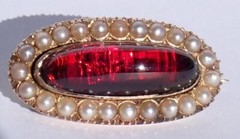 Pretty Antique Victorian 10K Gold Foiled Garnet Cabochon Pearl Pendant Pin 1886