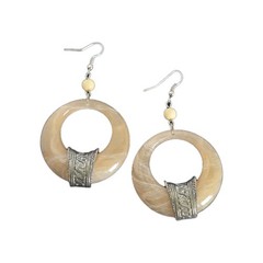 Vtg Lucite Beige Circle Earrings Silver Accents Dangle Drop Acrylic