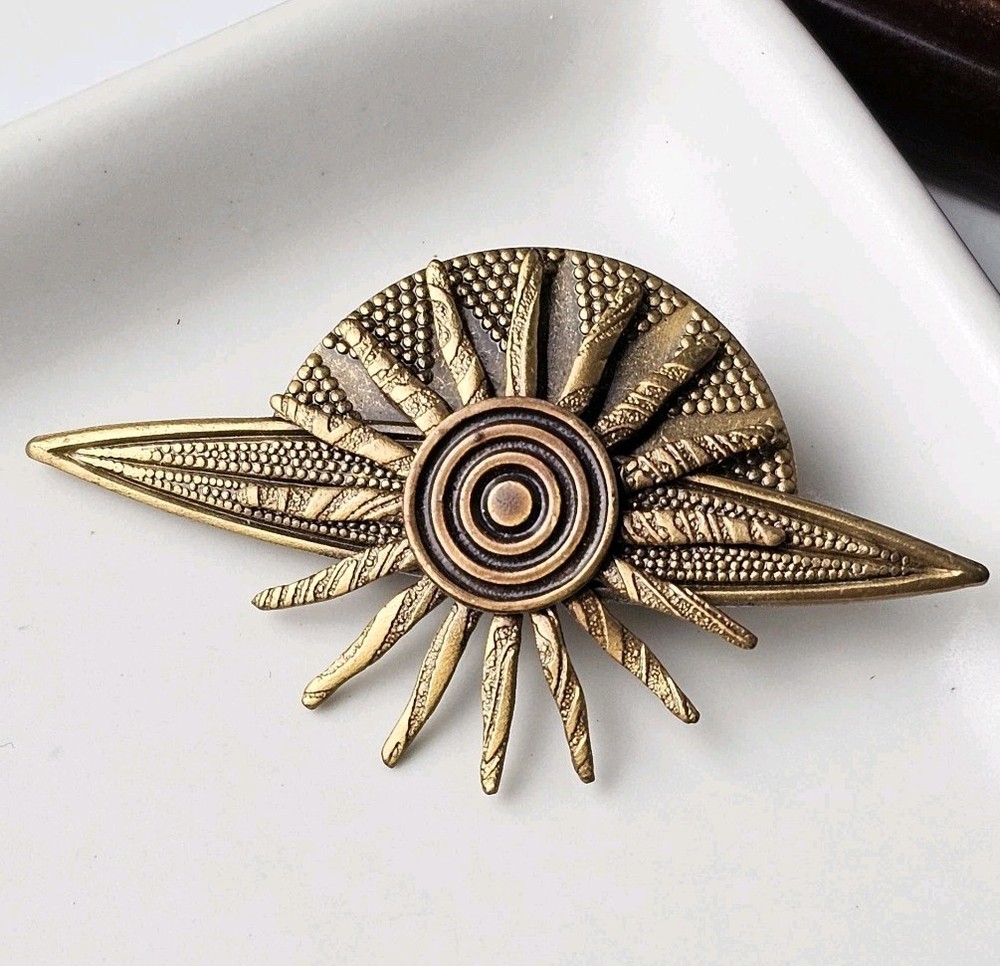 Vintage Mid Century Modern Atomic Sunburst Brooch Gold Tone Geometric Statement