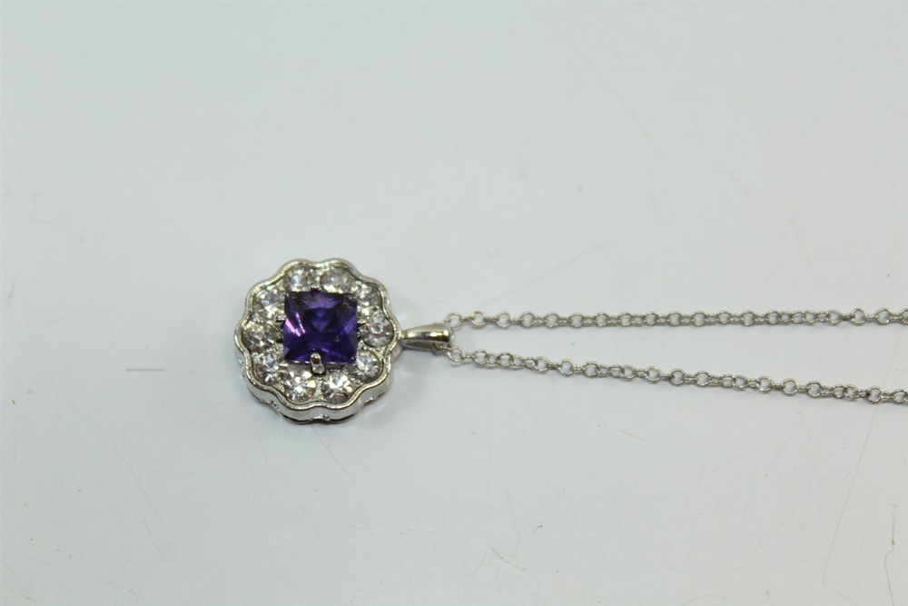 Vintage Amethyst Stone Pendant Necklace Silver-tone Alloy With Adjustable Chain