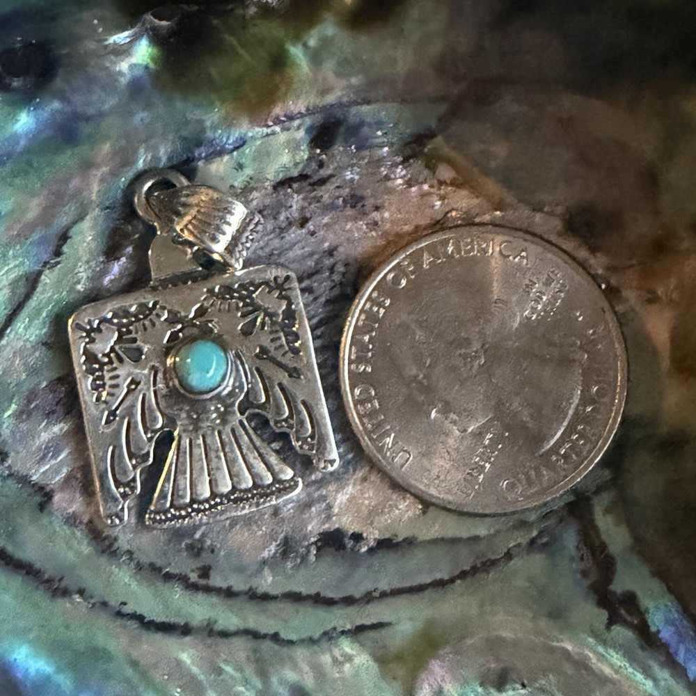 Signed 925 Sterling Silver Turquoise Thunderbird Rectangle Pendant